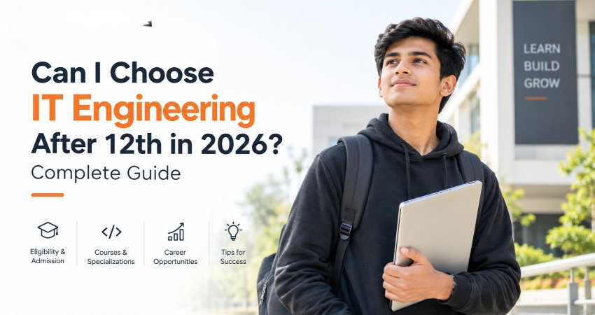 Student exploring IT engineering courses after 12th in 2026 with a laptop and programming interface.